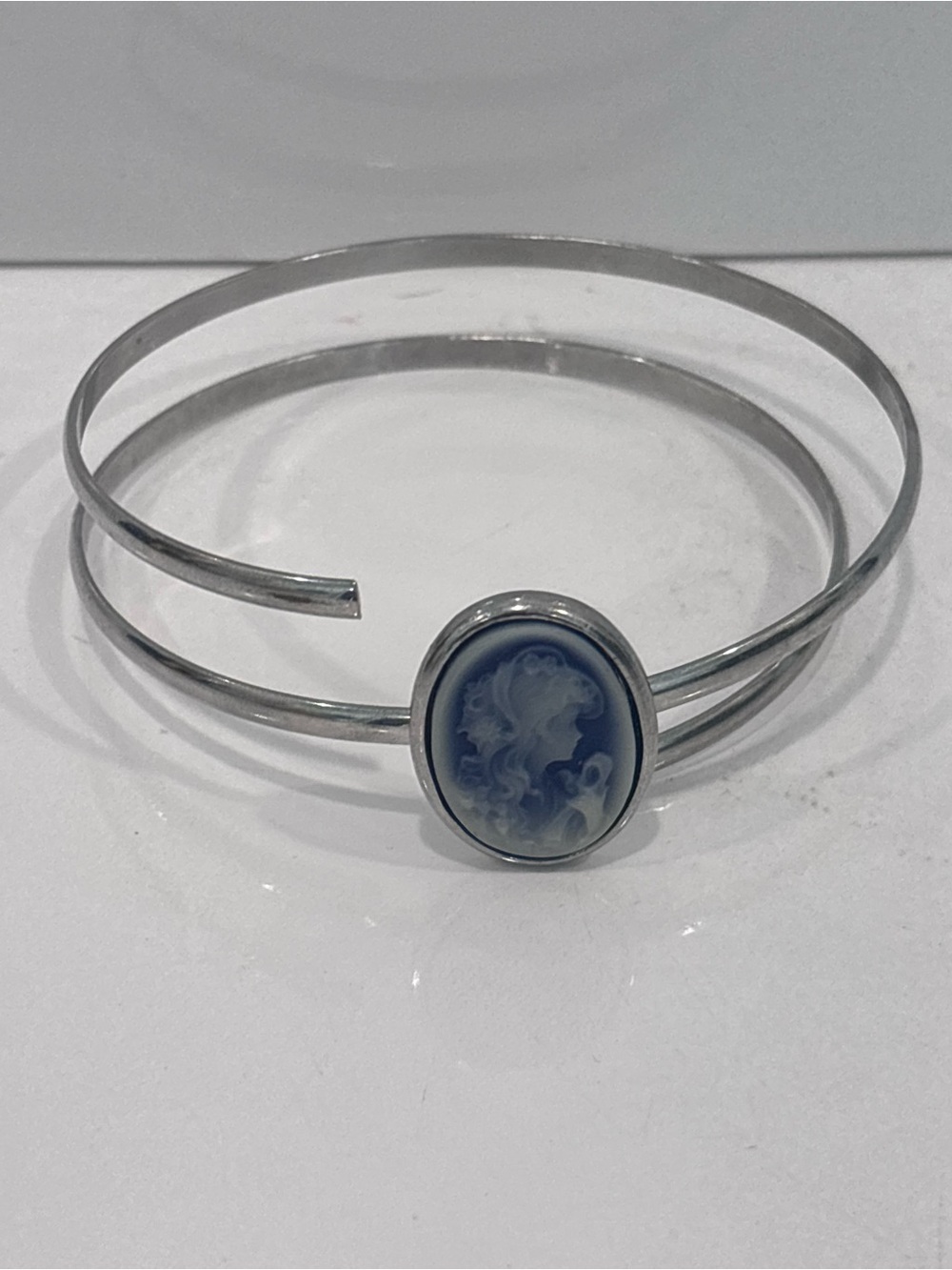 Vintage Blue & White Cameo Silver-Tone Open Cuff Bracelet – Victorian Style